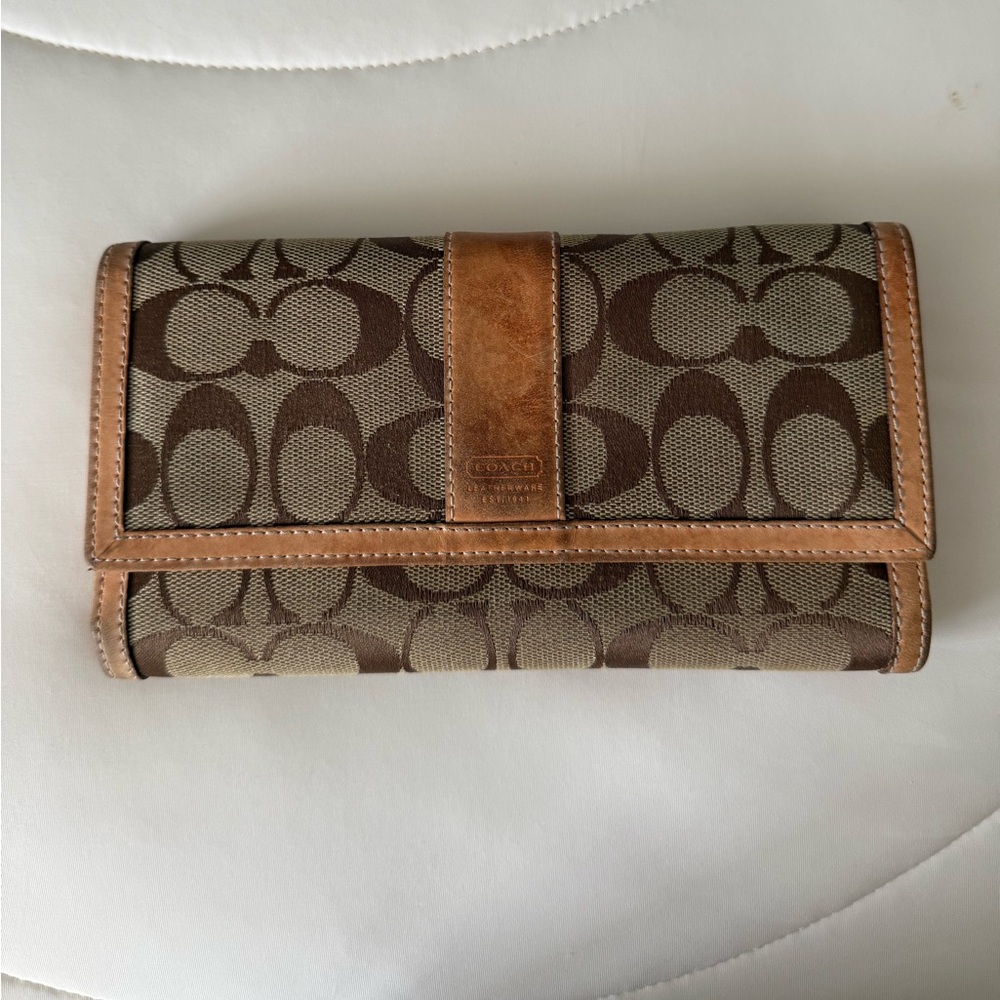 Vintage Coach Logo Tan and Brown Leather and Canvas Wallet
